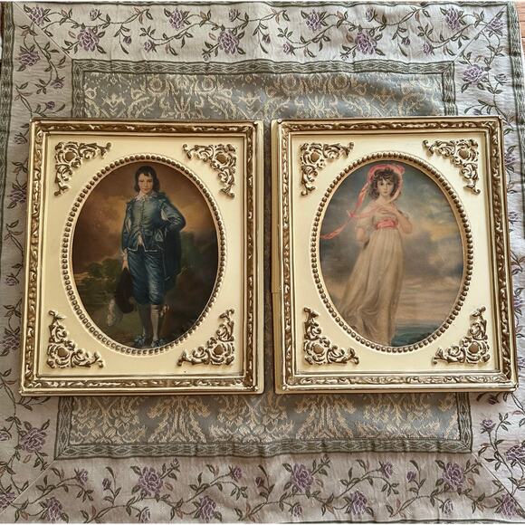 Vintage picture set blue boy pink girl framed art victorian decor